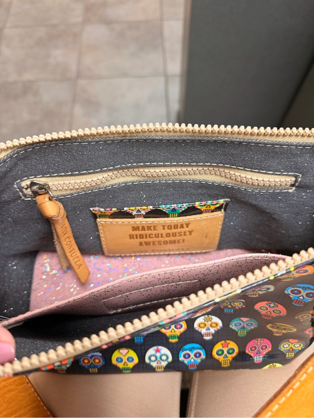 Sugar Skull Print Wristlet with Tan Leather Trim - Picture 2 of 4